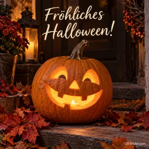 Leuchtende Kürbislaterne vor einer Haustür im Herbstlaub, Text: Fröhliches Halloween!