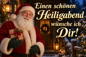 Weihnachtsmann mit Geschenk vor einem verschneiten Haus, Text: Einen schönen Heiligabend – wünsche ich dir!