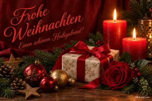 Brennende rote Kerzen, Geschenk und Kugeln, Text: Frohe Weihnachten – Einen schönen Heiligabend!