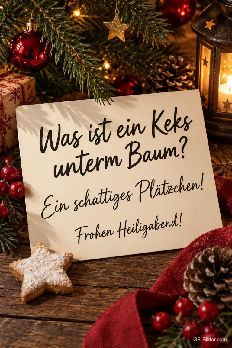 Karte mit Spruch neben Plätzchen und Tannenzweigen, Text: Was ist ein Keks unterm Baum? – Ein schattiges Plätzchen! Frohen Heiligabend!