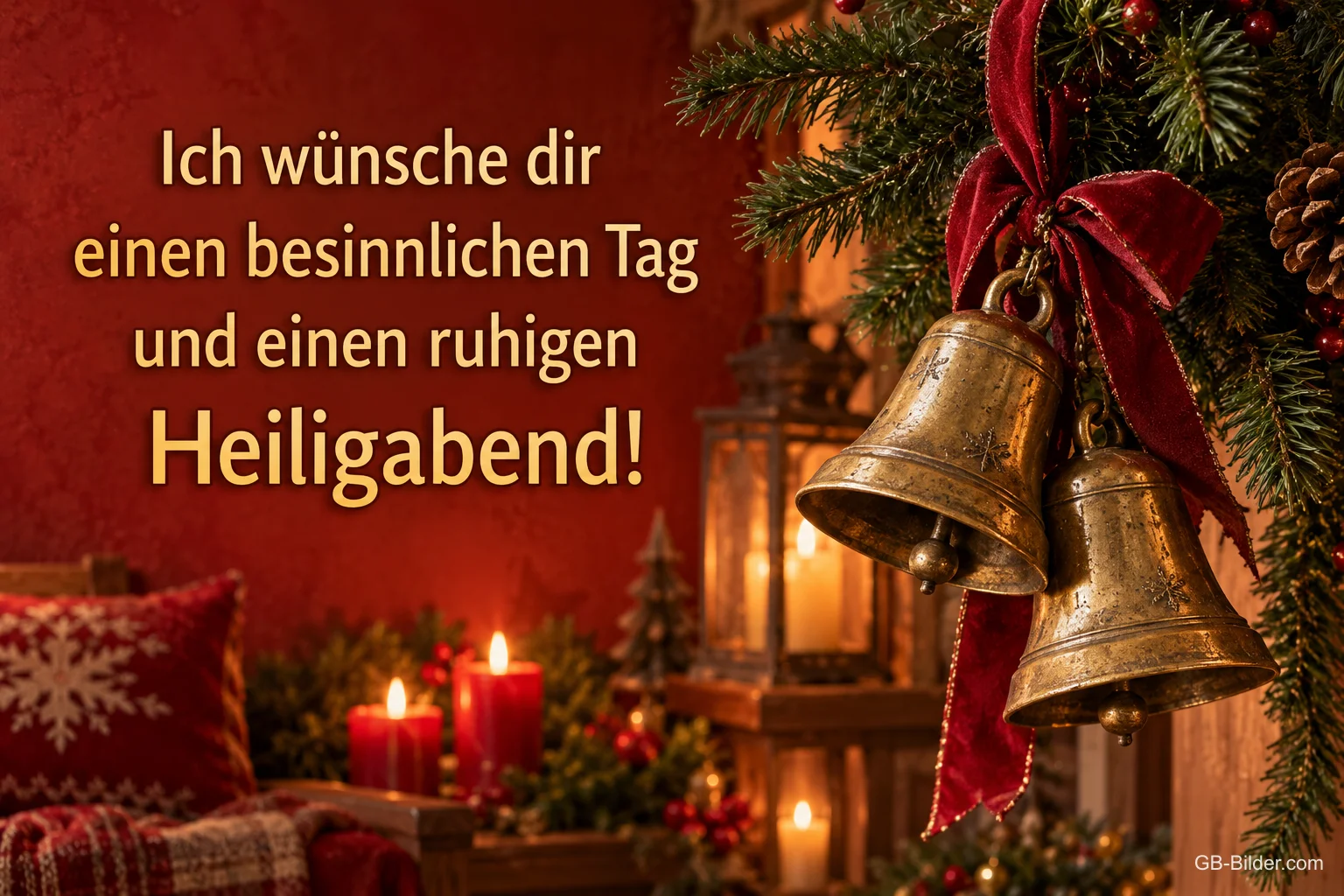 Goldene Glocken mit roter Schleife vor Kerzen und Tannenzweigen, Text: Ich wünsche dir einen besinnlichen Tag – und einen ruhigen Heiligabend!
