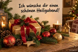 Geschenk mit roter Schleife zwischen Kugeln und Kerzen, Text: Ich wünsche dir einen schönen Heiligabend!