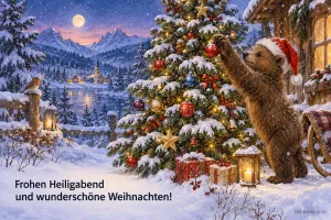 Bärenjunges mit Mütze schmückt einen Tannenbaum im Schnee, Text: Frohen Heiligabend – und wunderschöne Weihnachten!