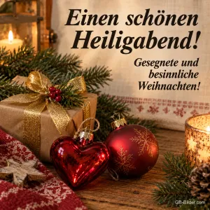 Geschenk mit Goldschleife, rote Kugeln und Herz, Text: Einen schönen Heiligabend! – Gesegnete und besinnliche Weihnachten!