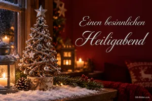 Kleiner Tannenbaum mit Stern zwischen Kerzen und Laternen, Text: Einen besinnlichen Heiligabend