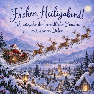 Weihnachtsmann fliegt im Rentierschlitten über ein verschneites Dorf, Text: Frohen Heiligabend! – Ich wünsche dir gemütliche Stunden mit deinen Lieben.