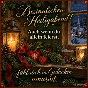 Laterne, Stoffherzen und Tannenzweige am Fenster, Text: Besinnlichen Heiligabend! – Auch wenn du allein feierst, fühl dich in Gedanken umarmt.
