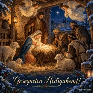 Maria mit dem Jesuskind in der Krippe, Josef, Hirten, Engel und Schafe, Text: Gesegneten Heiligabend!