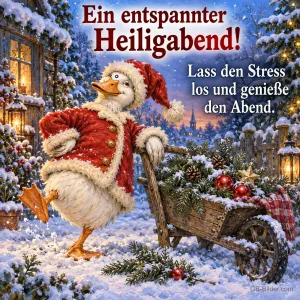 Gans im Weihnachtsmantel lehnt entspannt an einer Schubkarre im verschneiten Garten, Text: Ein entspannter Heiligabend! Lass den Stress los und genieße den Abend.