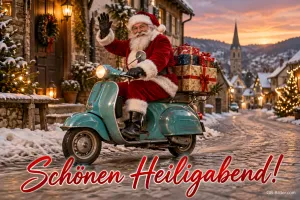Weihnachtsmann fährt mit Geschenken auf einem Motorroller durchs Dorf, Text: Schönen Heiligabend!