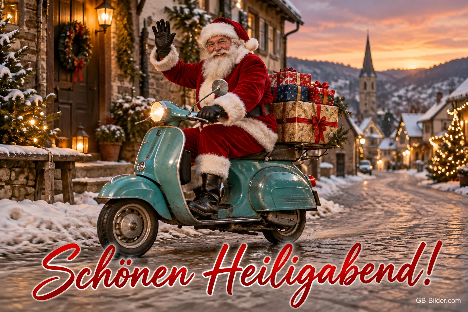 Weihnachtsmann fährt mit Geschenken auf einem Motorroller durchs Dorf, Text: Schönen Heiligabend!