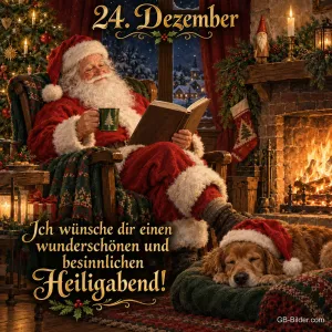 Weihnachtsmann liest im Sessel am Kamin, Hund schläft davor, Text: 24. Dezember – Ich wünsche dir einen wunderschönen und besinnlichen Heiligabend!