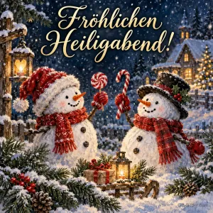 Zwei Schneemänner mit Zuckerstangen im verschneiten Dorf, Text: Fröhlichen Heiligabend!