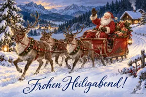 Weihnachtsmann winkt aus dem Rentierschlitten, Text: Frohen Heiligabend!