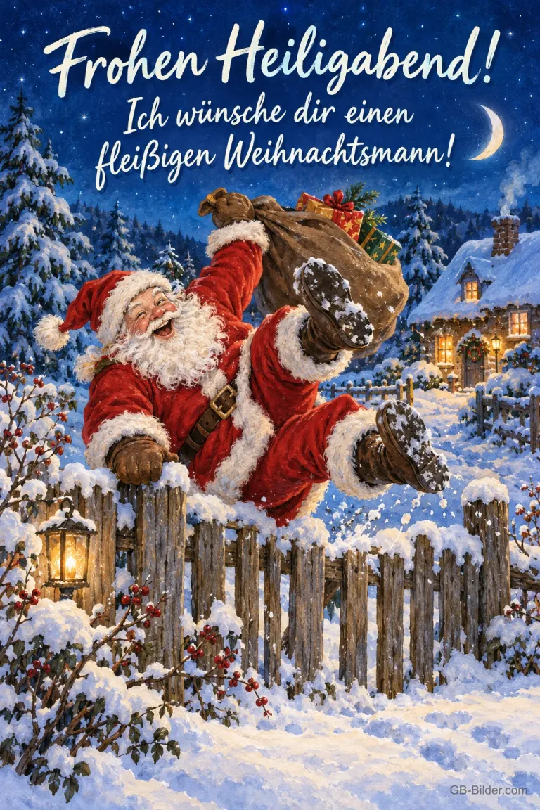 Weihnachtsmann klettert mit Geschenksack über einen verschneiten Zaun, Text: Frohen Heiligabend! – Ich wünsche dir einen fleißigen Weihnachtsmann!