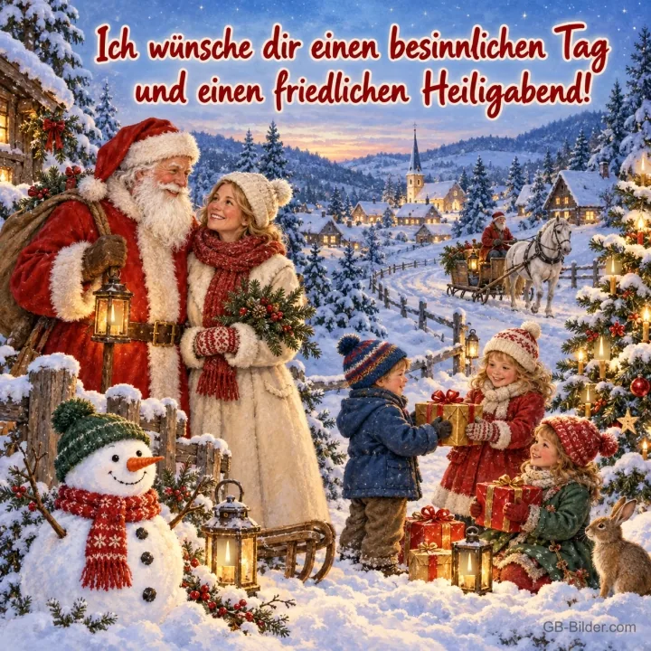 Weihnachtsmann und Frau beschenken Kinder im verschneiten Dorf, Schneemann, Text: Ich wünsche dir einen besinnlichen Tag – und einen friedlichen Heiligabend!