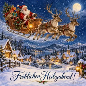 Weihnachtsmann fliegt im Rentierschlitten über ein verschneites Dorf, Text: Fröhlichen Heiligabend!