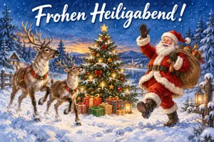 Weihnachtsmann mit Sack und Rentiere am Weihnachtsbaum im Schnee, Text: Frohen Heiligabend!
