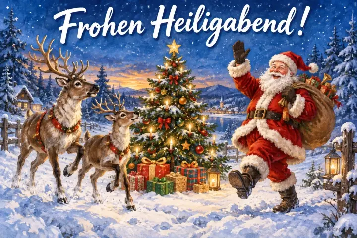 Weihnachtsmann mit Sack und Rentiere am Weihnachtsbaum im Schnee, Text: Frohen Heiligabend!