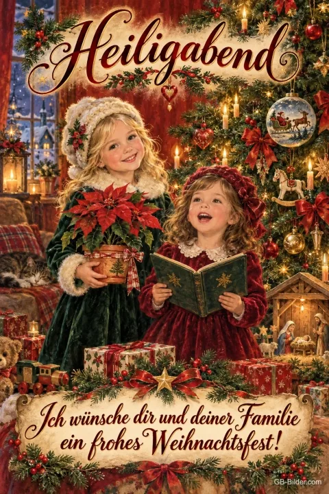 Zwei Mädchen mit Weihnachtsstern und Buch vor dem Tannenbaum, Text: Heiligabend – Ich wünsche dir und deiner Familie ein frohes Weihnachtsfest!