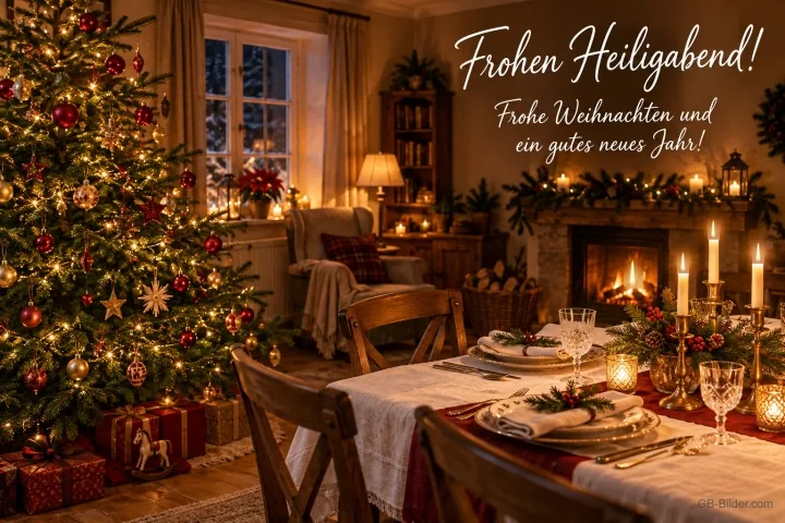 Geschmückter Tannenbaum, gedeckter Tisch und Kamin, Text: Frohen Heiligabend! – Frohe Weihnachten und ein gutes neues Jahr!