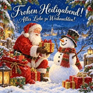 Weihnachtsmann überreicht einem Schneemann ein Geschenk im Schnee, Text: Frohen Heiligabend! – Alles Liebe zu Weihnachten!