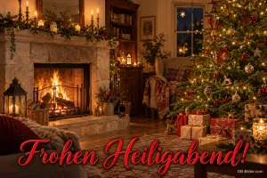 Gemütliches Wohnzimmer mit Kaminfeuer und geschmücktem Tannenbaum, Text: Frohen Heiligabend!
