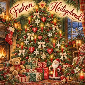 Tannenbaum mit Herzen, Kerzen und Geschenken vor dem Kamin, Text: Frohen Heiligabend!