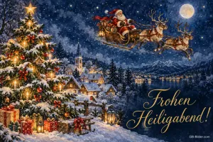 Weihnachtsmann im Rentierschlitten über einem verschneiten Dorf mit Tannenbaum, Text: Frohen Heiligabend!