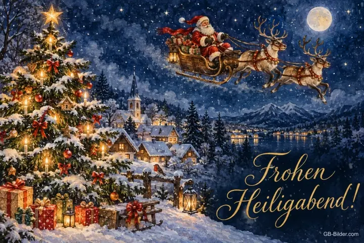 Weihnachtsmann im Rentierschlitten über einem verschneiten Dorf mit Tannenbaum, Text: Frohen Heiligabend!