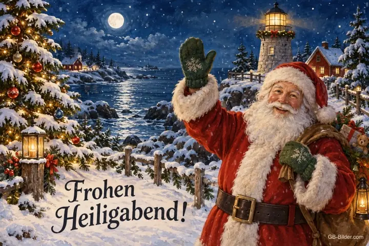 Weihnachtsmann winkt vor einem Leuchtturm und Tannenbaum im Schnee, Text: Frohen Heiligabend! Weihnachtsmann winkt vor einem Leuchtturm und Tannenbaum im Schnee, Text: Frohen Heiligabend!