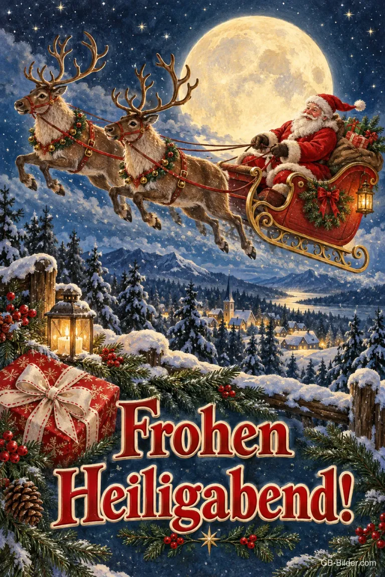 Weihnachtsmann im Rentierschlitten vor dem Vollmond über einem Winterdorf, Text: Frohen Heiligabend!