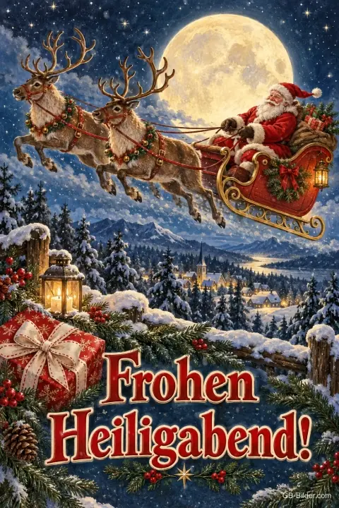 Weihnachtsmann im Rentierschlitten vor dem Vollmond über einem Winterdorf, Text: Frohen Heiligabend! Weihnachtsmann im Rentierschlitten vor dem Vollmond über einem Winterdorf, Text: Frohen Heiligabend!