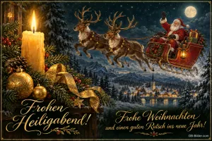 Brennende Kerze, goldene Kugeln und Rentierschlitten über einem Winterdorf, Text: Frohen Heiligabend! – Frohe Weihnachten und einen guten Rutsch ins neue Jahr!
