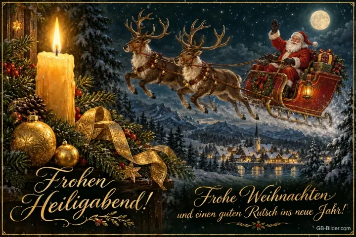 Brennende Kerze, goldene Kugeln und Rentierschlitten über einem Winterdorf, Text: Frohen Heiligabend! – Frohe Weihnachten und einen guten Rutsch ins neue Jahr! Brennende Kerze, goldene Kugeln und Rentierschlitten über einem Winterdorf, Text: Frohen Heiligabend! – Frohe Weihnachten und einen guten Rutsch ins neue Jahr!
