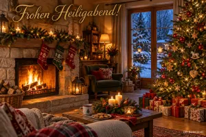 Weihnachtliches Wohnzimmer mit Kaminfeuer, Strümpfen und Tannenbaum, Text: Frohen Heiligabend!