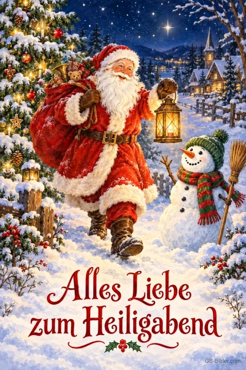 Weihnachtsmann mit Sack und Laterne neben einem Schneemann im Winterdorf, Text: Alles Liebe zum Heiligabend Weihnachtsmann mit Sack und Laterne neben einem Schneemann im Winterdorf, Text: Alles Liebe zum Heiligabend