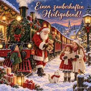 Weihnachtsmann schenkt Kindern Teddybären vor einer Dampflok, Text: Einen zauberhaften – Heiligabend!