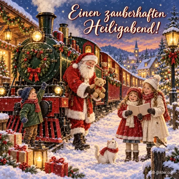 Weihnachtsmann schenkt Kindern Teddybären vor einer Dampflok, Text: Einen zauberhaften – Heiligabend!