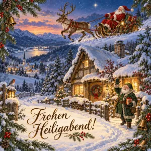 Weihnachtsmann im Rentierschlitten über einem verschneiten Dorf mit Hütte, Text: Frohen Heiligabend!