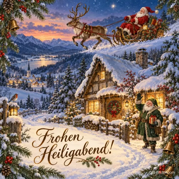 Weihnachtsmann im Rentierschlitten über einem verschneiten Dorf mit Hütte, Text: Frohen Heiligabend! Weihnachtsmann im Rentierschlitten über einem verschneiten Dorf mit Hütte, Text: Frohen Heiligabend!