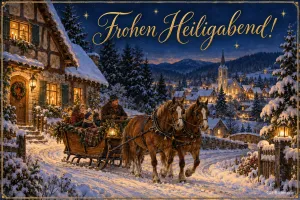 Pferdeschlitten fährt durch ein verschneites Dorf bei Nacht, Text: Frohen Heiligabend!