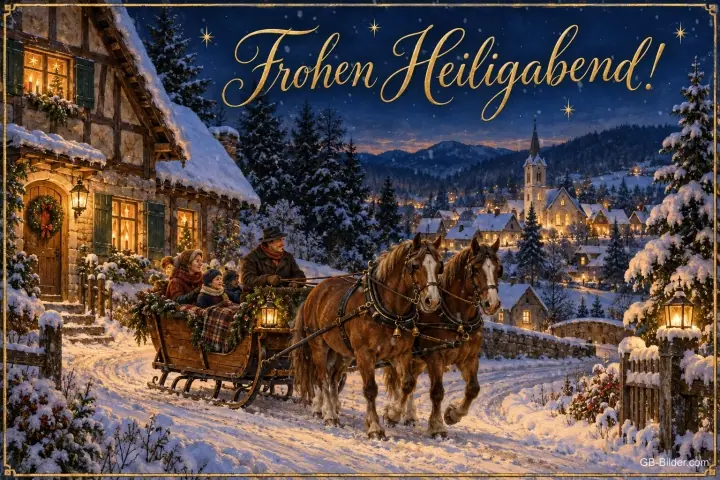 Pferdeschlitten fährt durch ein verschneites Dorf bei Nacht, Text: Frohen Heiligabend! Pferdeschlitten fährt durch ein verschneites Dorf bei Nacht, Text: Frohen Heiligabend!