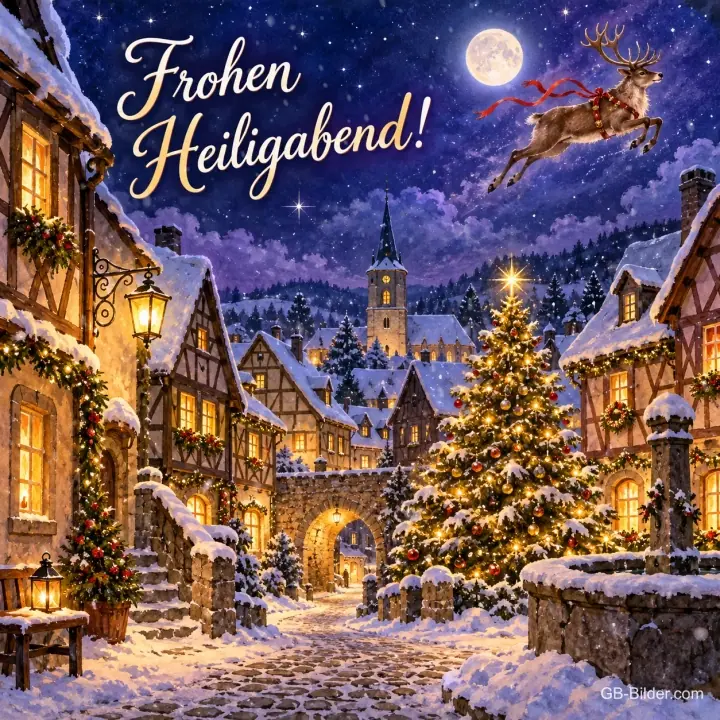 Rentier fliegt über eine verschneite Fachwerkaltstadt mit Tannenbaum, Text: Frohen Heiligabend! Rentier fliegt über eine verschneite Fachwerkaltstadt mit Tannenbaum, Text: Frohen Heiligabend!