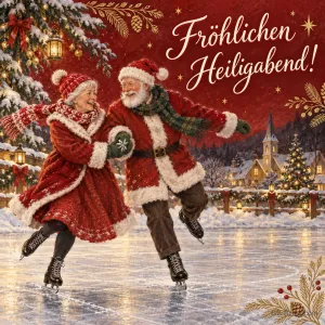 Weihnachtsmann und Frau laufen Schlittschuh vor einem Winterdorf, Text: Fröhlichen Heiligabend!