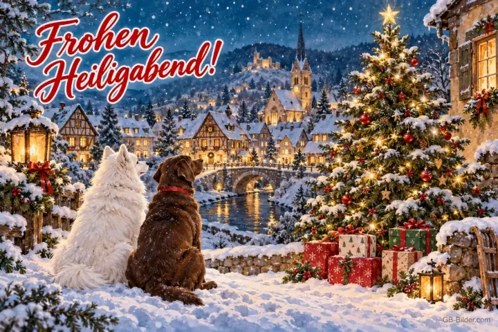 Weißer und brauner Hund schauen auf ein verschneites Dorf mit Tannenbaum, Text: Frohen Heiligabend! Weißer und brauner Hund schauen auf ein verschneites Dorf mit Tannenbaum, Text: Frohen Heiligabend!
