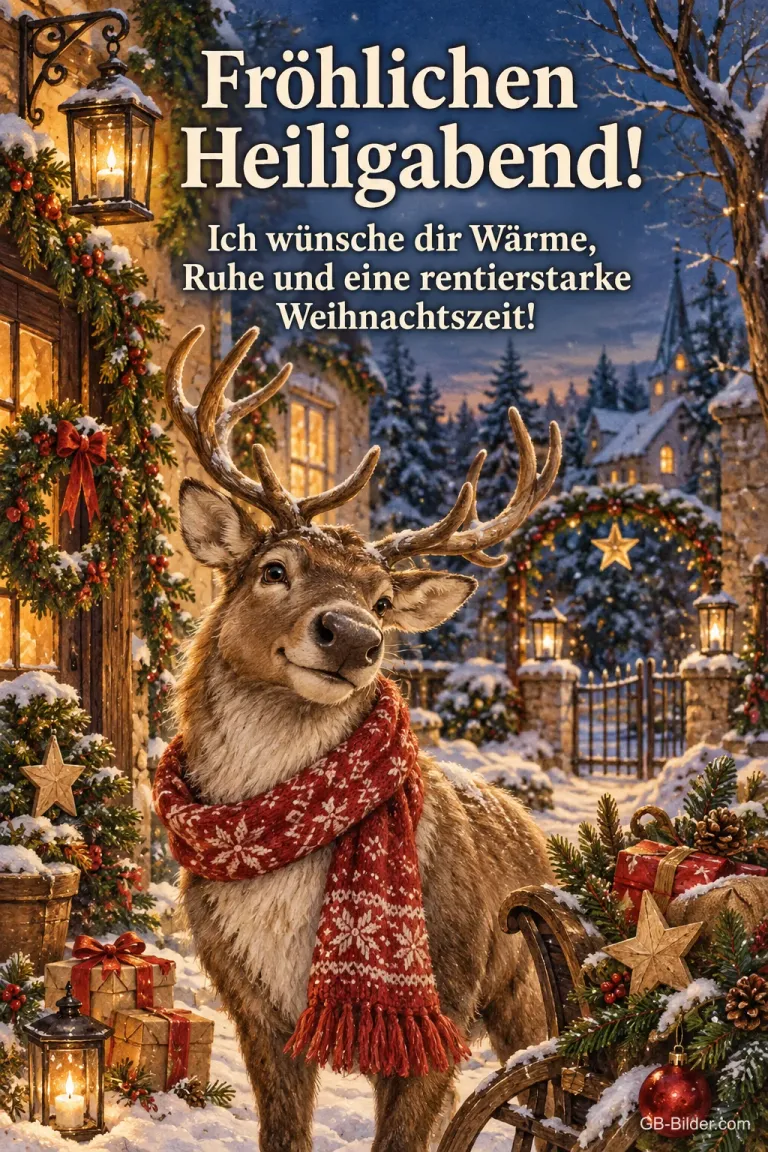 Rentier mit Schal vor einem verschneiten Dorf, Text: Fröhlichen Heiligabend! – Ich wünsche dir Wärme, Ruhe und eine rentierstarke Weihnachtszeit!