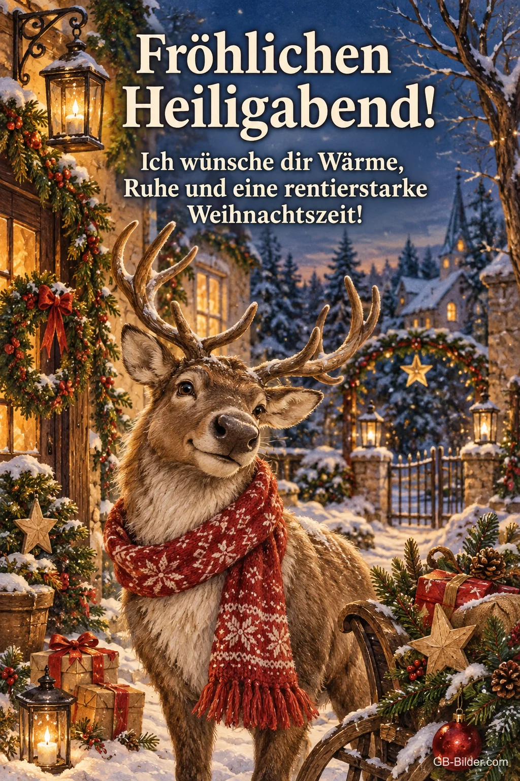 Rentier mit Schal vor einem verschneiten Dorf, Text: Fröhlichen Heiligabend! – Ich wünsche dir Wärme, Ruhe und eine rentierstarke Weihnachtszeit! Rentier mit Schal vor einem verschneiten Dorf, Text: Fröhlichen Heiligabend! – Ich wünsche dir Wärme, Ruhe und eine rentierstarke Weihnachtszeit!