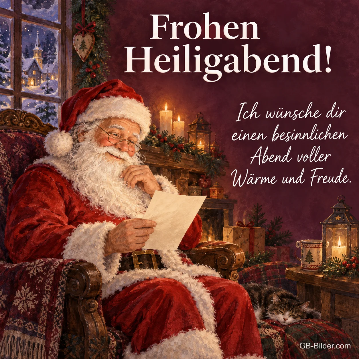 Weihnachtsmann liest einen Brief im Sessel am Kamin, Text: Frohen Heiligabend! – Ich wünsche dir einen besinnlichen Abend voller Wärme und Freude. Weihnachtsmann liest einen Brief im Sessel am Kamin, Text: Frohen Heiligabend! – Ich wünsche dir einen besinnlichen Abend voller Wärme und Freude.