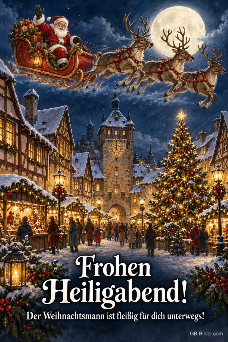 Rentierschlitten über einem Weihnachtsmarkt vor dem Vollmond, Text: Frohen Heiligabend! – Der Weihnachtsmann ist fleißig für dich unterwegs!